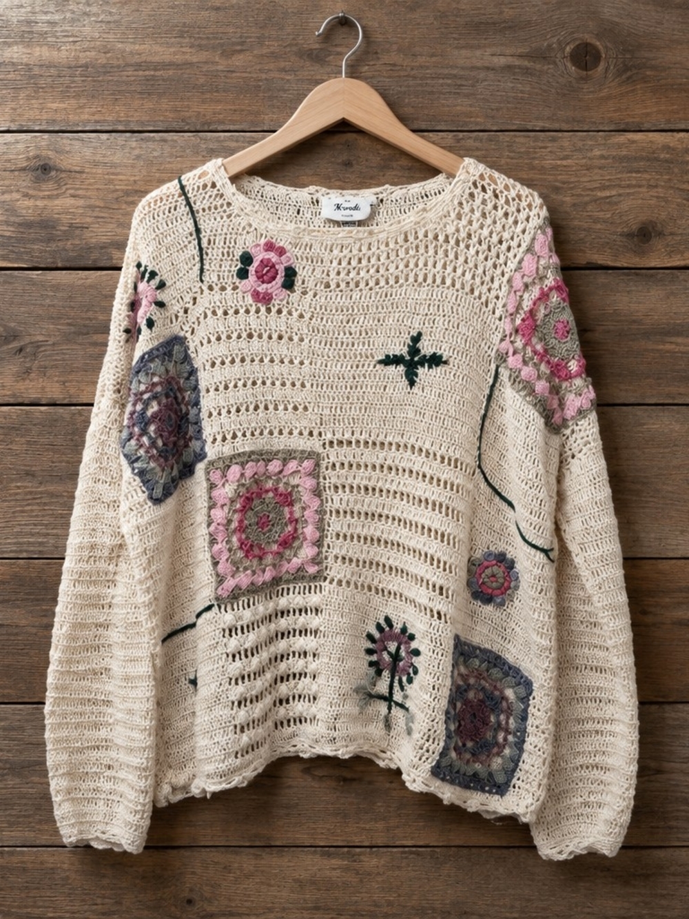Knot Sisters Cream Crochet Crewneck Sweater with Pink Floral Patchwork